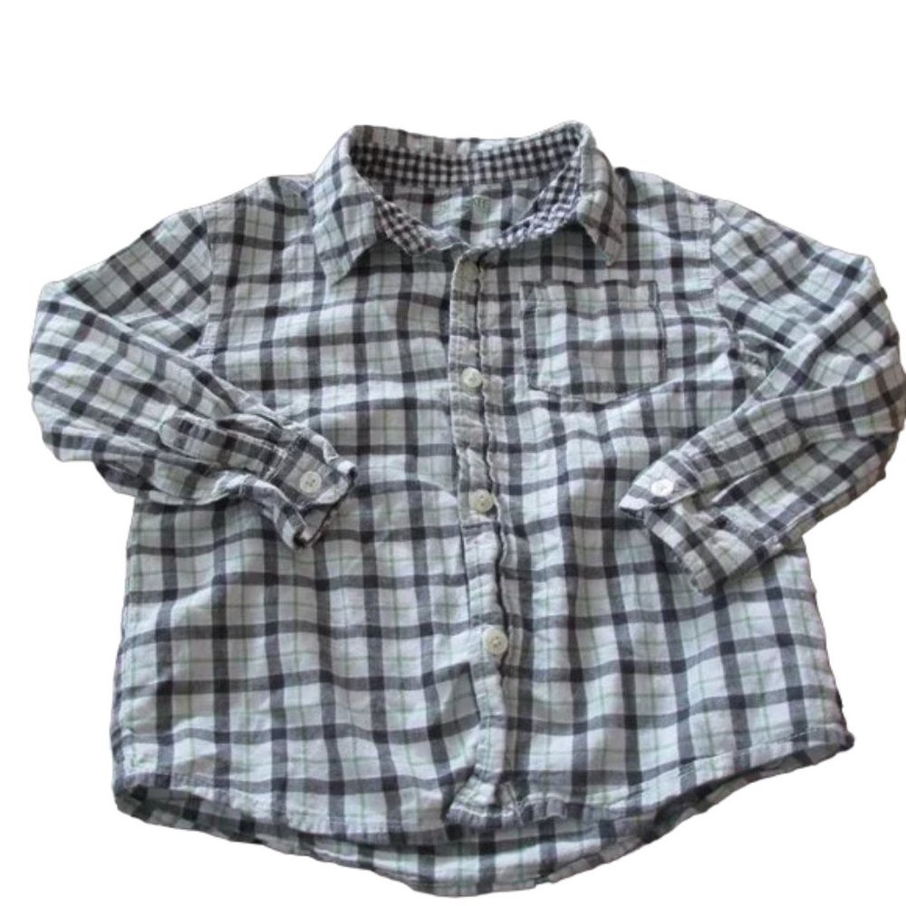 Cherokee Button Front Shirt Boys Size 4T Black White Plaid Long Sleeve Collared